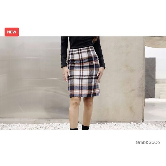 Wool Plaid Pencil Skirt Knee Length High Waist Back Slit Business Casual - Picture 8 of 8